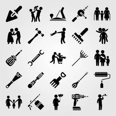 Araçlar simgesi vektör ayarlayın. Aile, İngiliz anahtarı, çekiç ve Kaynakçı