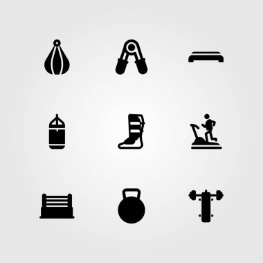 Fitness vektör Icon set. adım, top, kettlebell ve spor salonu adım Delme