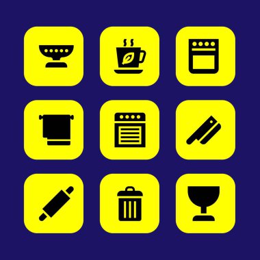 Mutfak vektör Icon set. fırın, oklava, kupa ve çay bardağı
