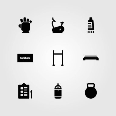 Fitness vektör Icon set. krem, Yüksel, spor salonuna adım ve Bisiklet