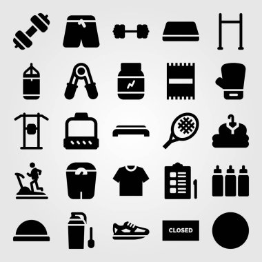 Fitness vektör Icon set. koşu ayakkabıları, bosu topu, kapalı ve blok