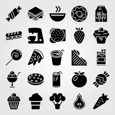 Yiyecek ve içecekler Icon set vektör. muzlu süt, çilek, çikolata ve soda