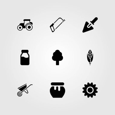 Bahçe vektör Icon set. Ayçiçeği, traktör, bal ve ağaç