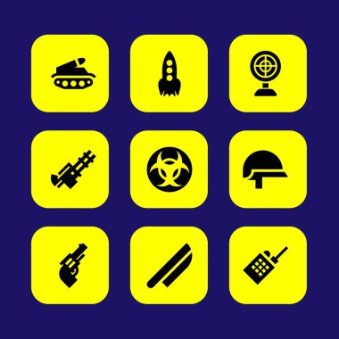 Silah vektör Icon set. bıçak, amaç, biohazard ve makineli tüfek