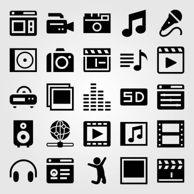 Multimedya vektör Icon set. Klaket, ses barlar, adam ve film rulo