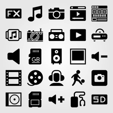Multimedya vektör Icon set. hoparlör, fx, hacim ve kulaklıklar