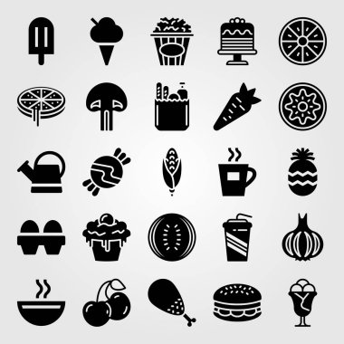 Yiyecek ve içecekler Icon set vektör. yumurta, mantar, portakal ve can