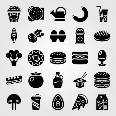 Yiyecek ve içecekler Icon set vektör. patlamış mısır, brokoli, erişte ve sulama olabilir