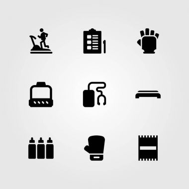 Fitness vektör Icon set. kasnak, plaj havlusu, havlu ve eldiven