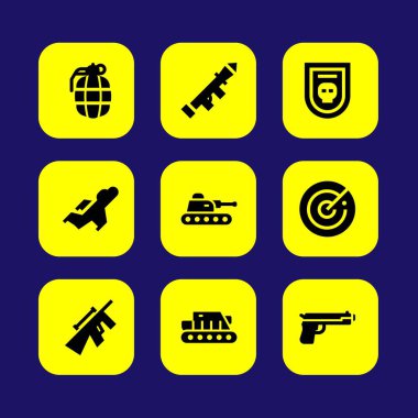 Silah vektör Icon set. bagde, tank, el bombası ve radar