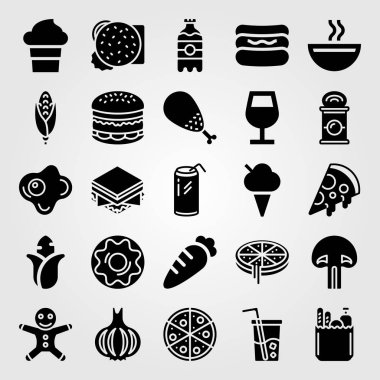 Yiyecek ve içecekler Icon set vektör. çorba, sarımsak, tavuk budu ve can