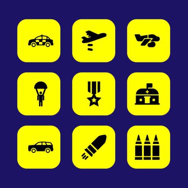 Askeri vektör Icon set. kurşun, madalya, paraşüt ve araba