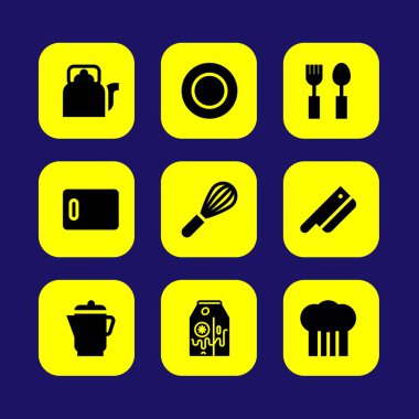 Mutfak vektör Icon set. Mikser, su ısıtıcısı, muzlu süt ve çatal bıçak takımı