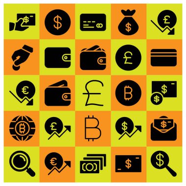 Para simge vektör ayarlayın. kredi kartı, Büyüteç, Doları para ve para