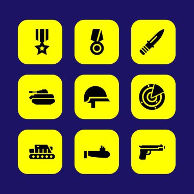 Askeri vektör Icon set. madalya, tank, kask ve bıçak