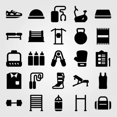 Fitness vektör Icon set. çalışan ayakkabı, gömlek, bosu topu ve delme