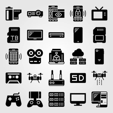 Teknoloji vektör Icon set. Film oynatıcı, smartphone, yönlendirici ve monitör