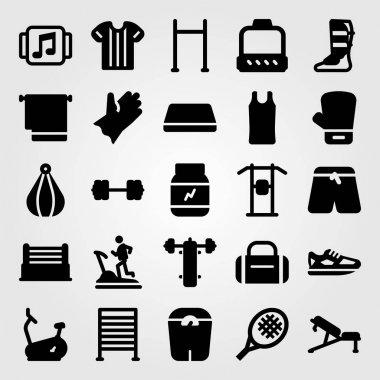 Fitness vektör Icon set. ölçek, Boks eldiveni, shinpad ve halter