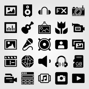 Multimedya vektör Icon set. gitar, sd kart, tarayıcı ve fx