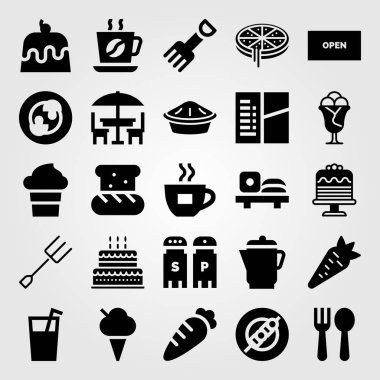Restoran vektör Icon set. Dondurma, sushi, kahve fincanı ve şiş