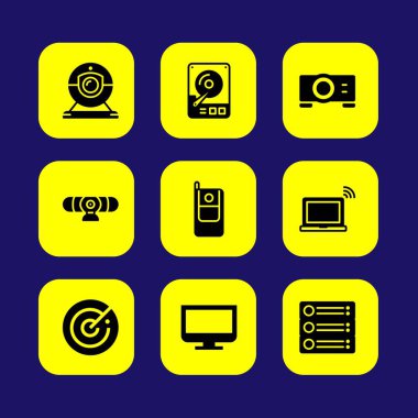 Teknoloji vektör Icon set. Web kamerası, radar, telefon ve dard sürücü