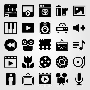 Multimedya vektör Icon set. çalma listesi, film oyuncu, film rulo ve internet