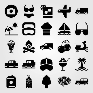 Yaz aylarında vektör Icon set. şenlik ateşi, soda, uçak ve van