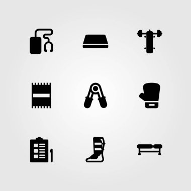 Fitness vektör Icon set. jimnastik minderi, plaj havlusu, boks ve müzik çalar