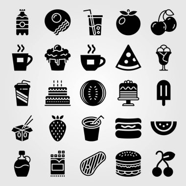 Yiyecek ve içecekler Icon set vektör. Kahvaltı, pasta, dondurma ve sosisli sandviç