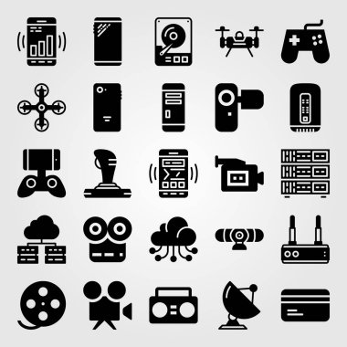 Teknoloji vektör Icon set. Boombox, dron, oyun kumandası ve film rulo