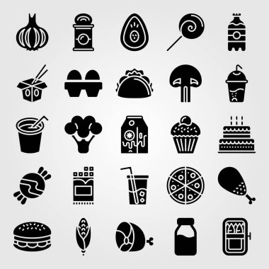 Yiyecek ve içecekler simge vektör ayarlayın. pasta, erişte, et ve içki