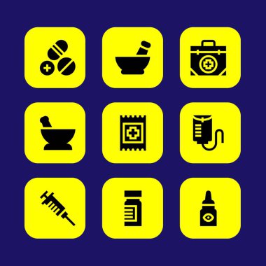 Tıp vektör Icon set. Grup, ilaç, ilaç ve ilk yardım kiti