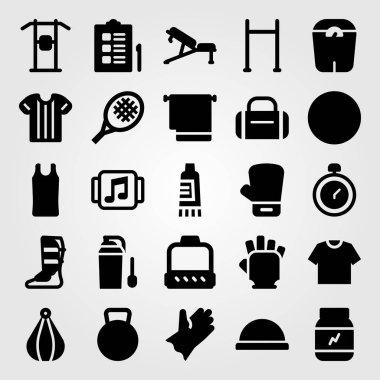 Fitness vektör Icon set. Top, shinpad, gömlek ve tenis raketi