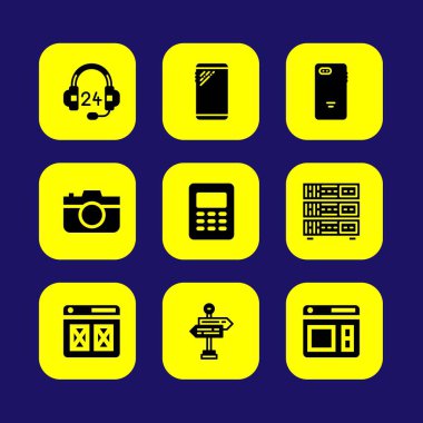 Temel vektör Icon set. fotoğraf makinesi, kulaklık, smartphone ve sunucu