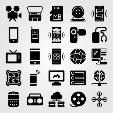 Teknoloji vektör Icon set. PC, cep telefonu, seren ve uçak