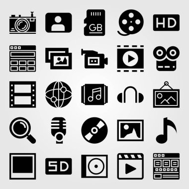 Çoklu ortam simgesini vektör ayarlayın. çalma listesi, bellek, mikrofon ve Büyüteç