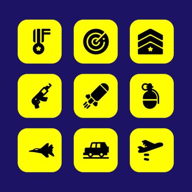 Askeri vektör Icon set. madalya, ısıtıcı, araba ve jet