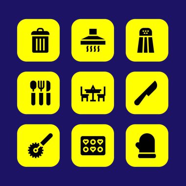 Mutfak vektör Icon set. çatal bıçak takımı, çıkarıcı hood, tuz ve mitten