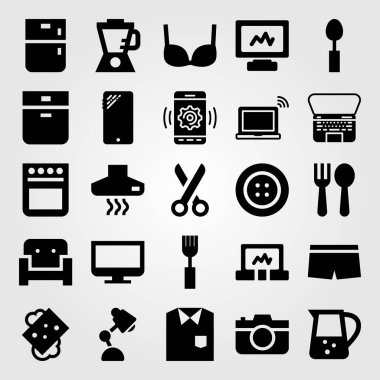 Alışveriş vektör Icon set. makas, sabun, buzdolabı ve kaşık