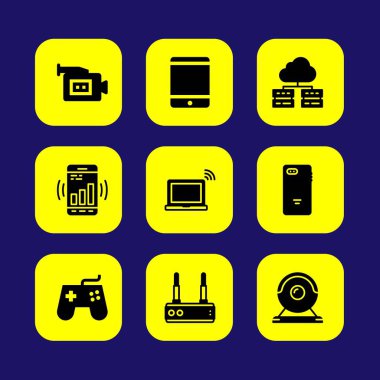 Teknoloji vektör Icon set. Tablet, dizüstü bilgisayar, web kamerası ve yönlendirici