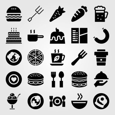 Restoran vektör Icon set. çatal bıçak takımı, sosis, pan ve burger