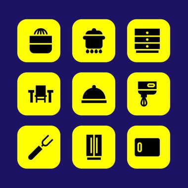 Mutfak vektör Icon set. sıkacağı, plaka, buzdolabı ve mutfak yönetim kurulu
