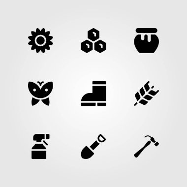 Bahçe vektör Icon set. Ayçiçeği, çizme, kelebek ve püskürtme