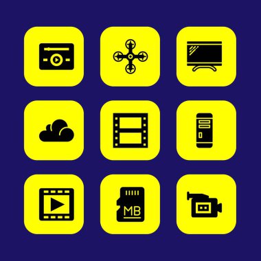 Teknoloji vektör Icon set. müzik çalar, video kamera, bulut bilgi işlem ve film oyuncu