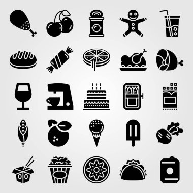 Yiyecek ve içecekler Icon set vektör. ekmek, can, pizza ve portakal