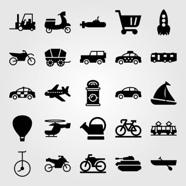 Ulaşım vektör Icon set. Spor bisiklet, karavan, motosiklet ve polis araba