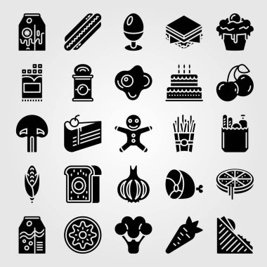 Yiyecek ve içecekler simge vektör ayarlayın. haşlanmış yumurta, Mısır, cupcake ve kiraz