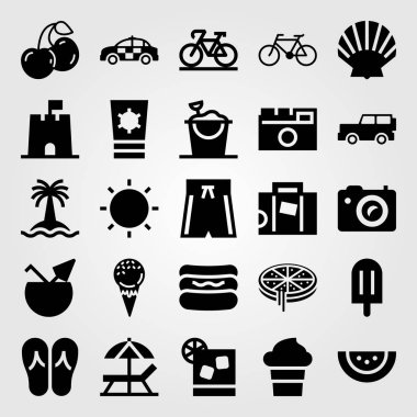 Yaz aylarında vektör Icon set. Hindistan cevizi, flip flop, jeep ve pizza
