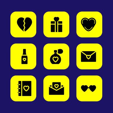 Sevgililer günü vektör Icon set. kırık kalp, posta, kalp gözlük ve şampanya sevgi aşk