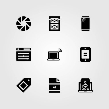 Web tasarım vektör Icon set. AI, renk paleti, tarayıcı ve akıllı telefon